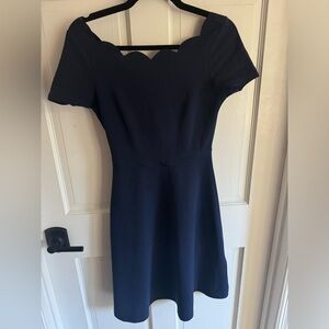 Navy Blue Scalloped-Neck Work Dress